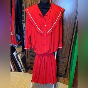 90s era red Vikki Vi drop waist dress with sailor inspired collar